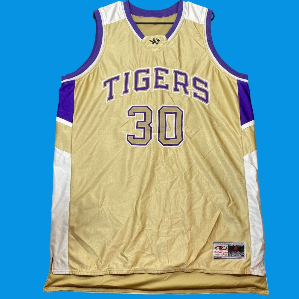 Tiger Team Basketball Jersey Size XL Gold Purple White Polyester Pro Look Sports